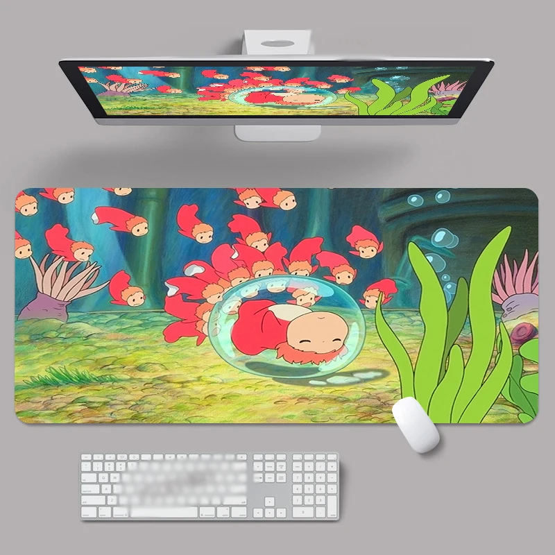 Mouse Pads Ponyo On The Cliff Large Mousepad Hayao Miyazaki Anime 80x30cm XXL Lock Edge Mousepads 7 - Ponyo Merch